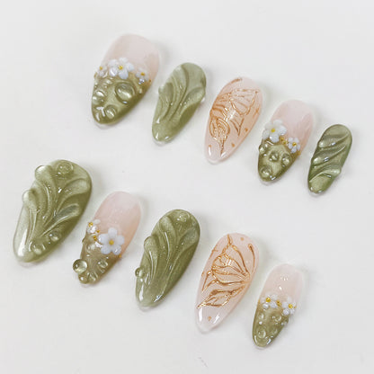 Green Cat Eye Press On Nails with 3D Flower and Butterfly Design