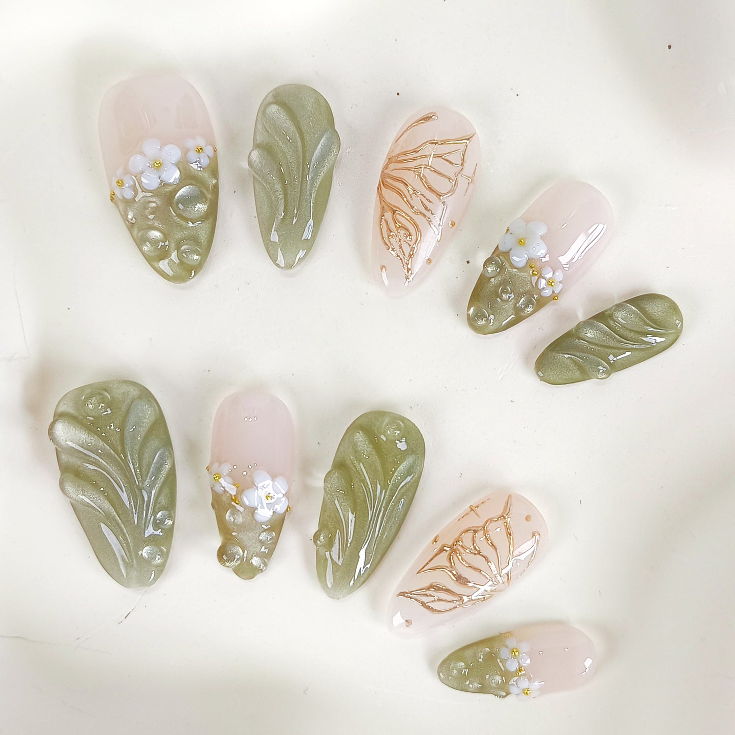 Green Cat Eye Press On Nails with 3D Flower and Butterfly Design