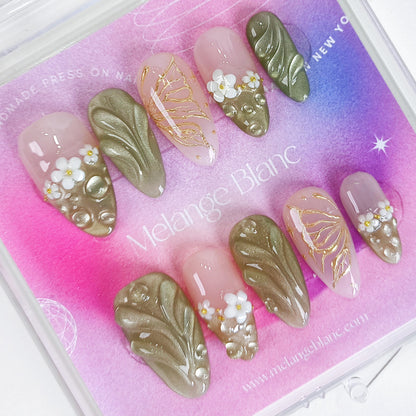 Green Cat Eye Press On Nails with 3D Flower and Butterfly Design