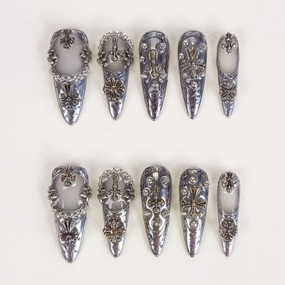 3D Silver Chrome Gothic Stiletto Press On Nails