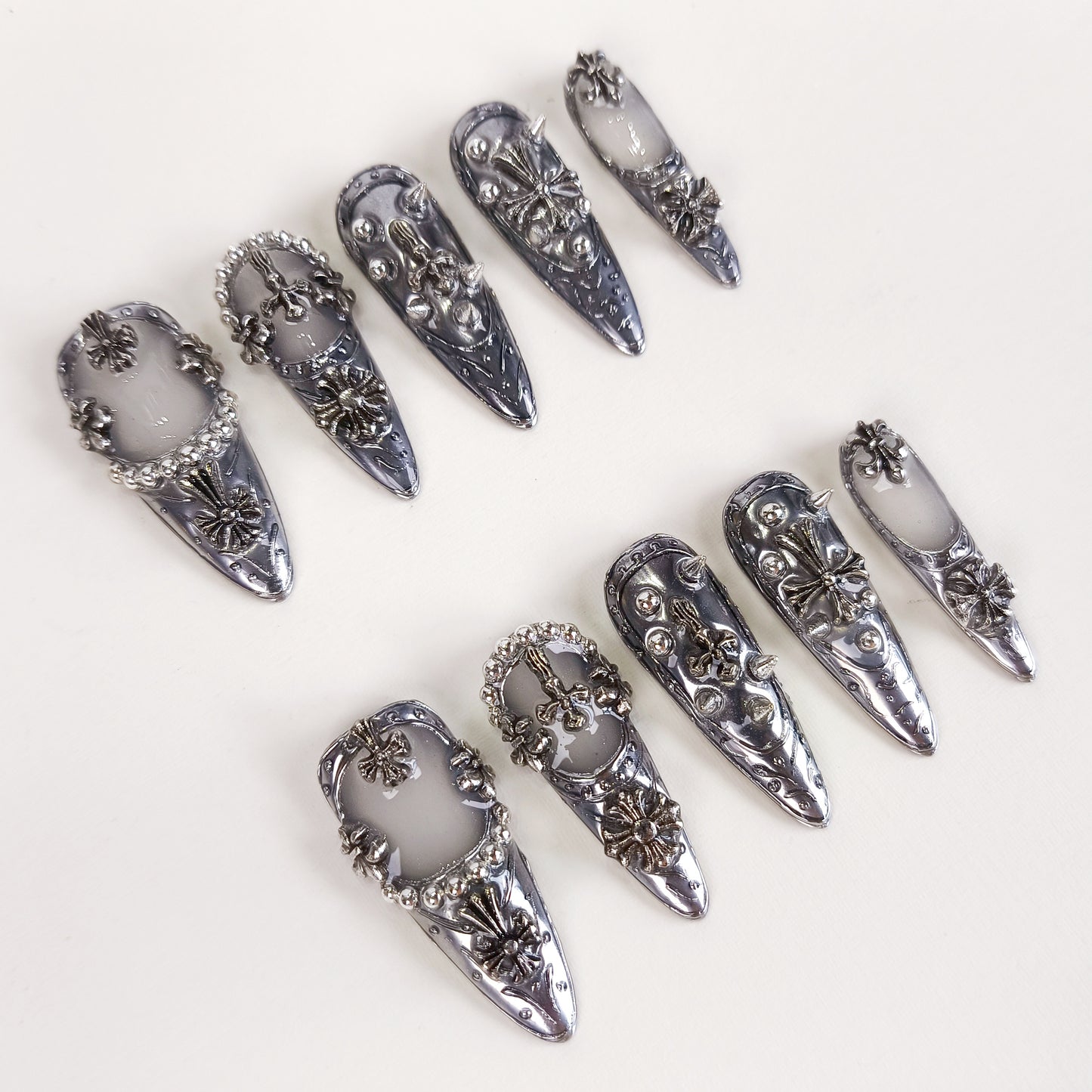 3D Silver Chrome Gothic Stiletto Press On Nails