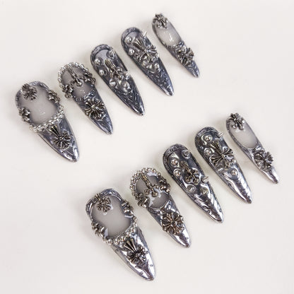 3D Silver Chrome Gothic Stiletto Press On Nails