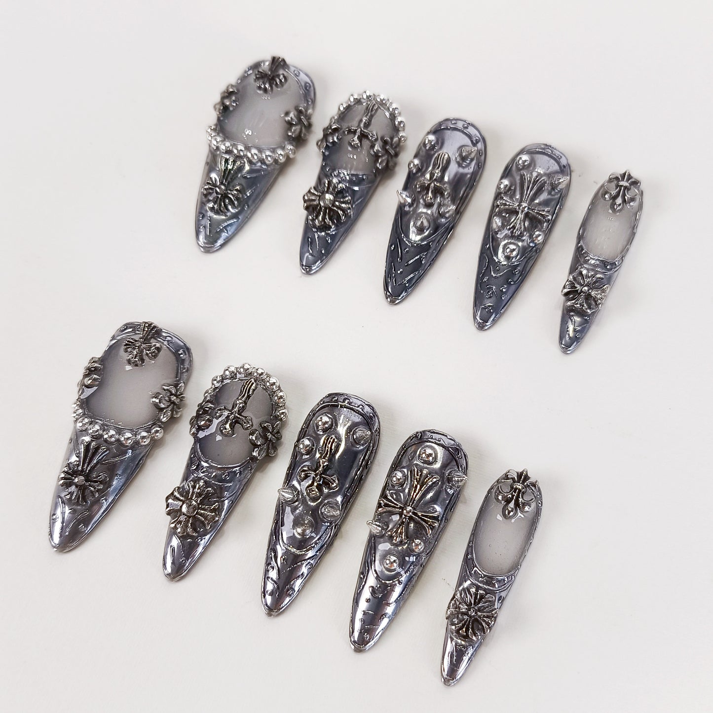 3D Silver Chrome Gothic Stiletto Press On Nails