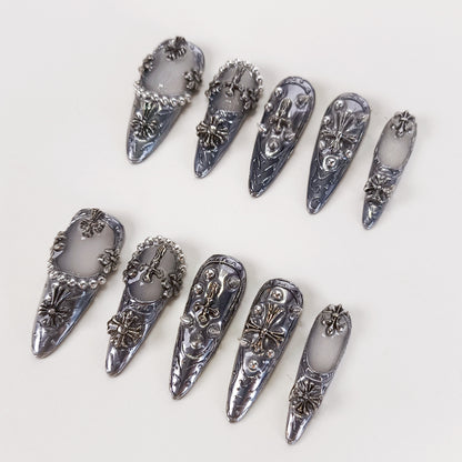3D Silver Chrome Gothic Stiletto Press On Nails