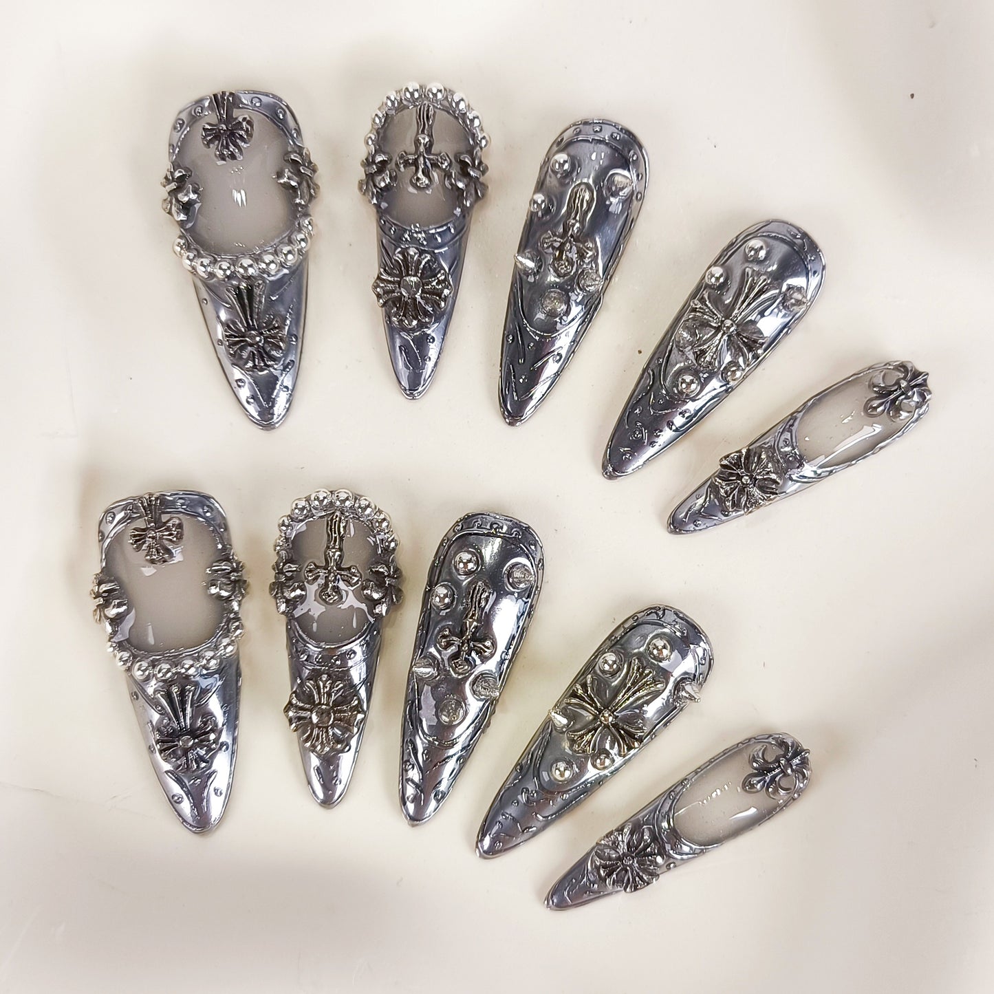 3D Silver Chrome Gothic Stiletto Press On Nails