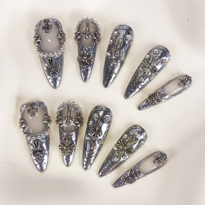 3D Silver Chrome Gothic Stiletto Press On Nails