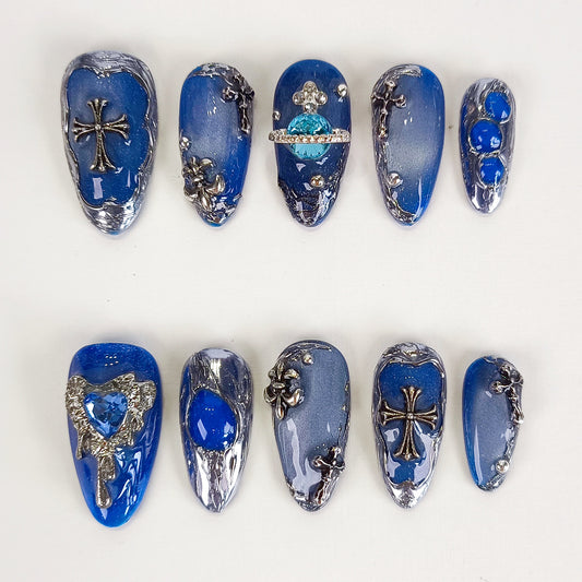 Blue Cat Eye with Silver Chrome Gothic Almond Press On Nails