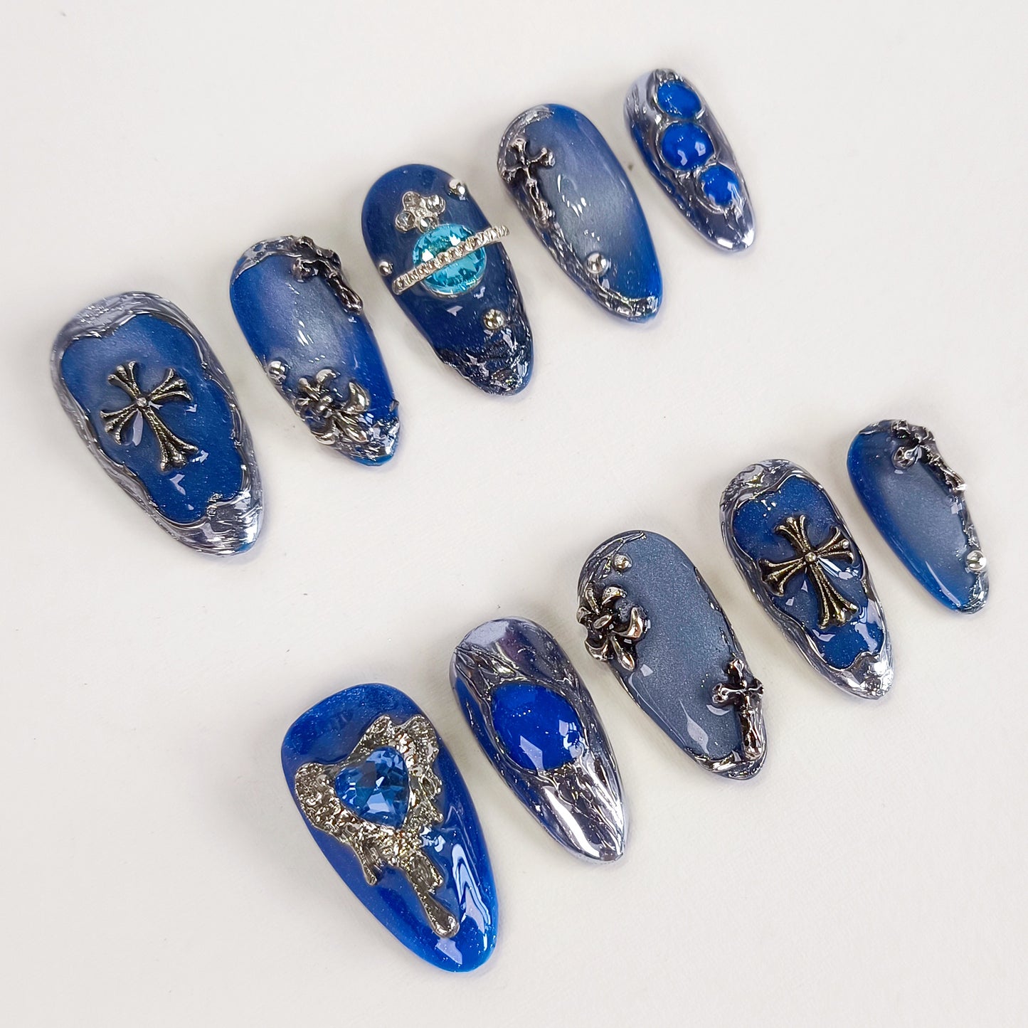 Blue Cat Eye with Silver Chrome Gothic Almond Press On Nails