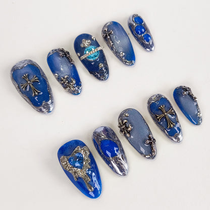 Blue Cat Eye with Silver Chrome Gothic Almond Press On Nails