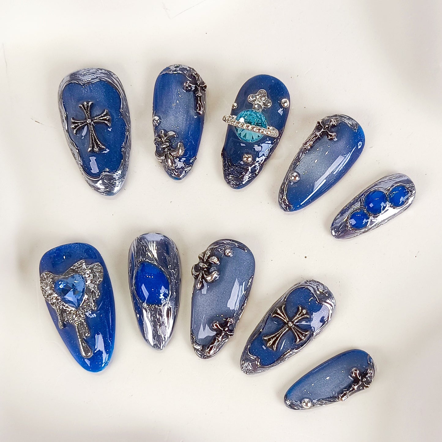 Blue Cat Eye with Silver Chrome Gothic Almond Press On Nails