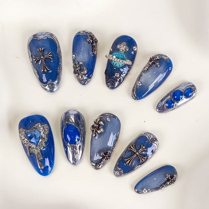 Blue Cat Eye with Silver Chrome Gothic Almond Press On Nails