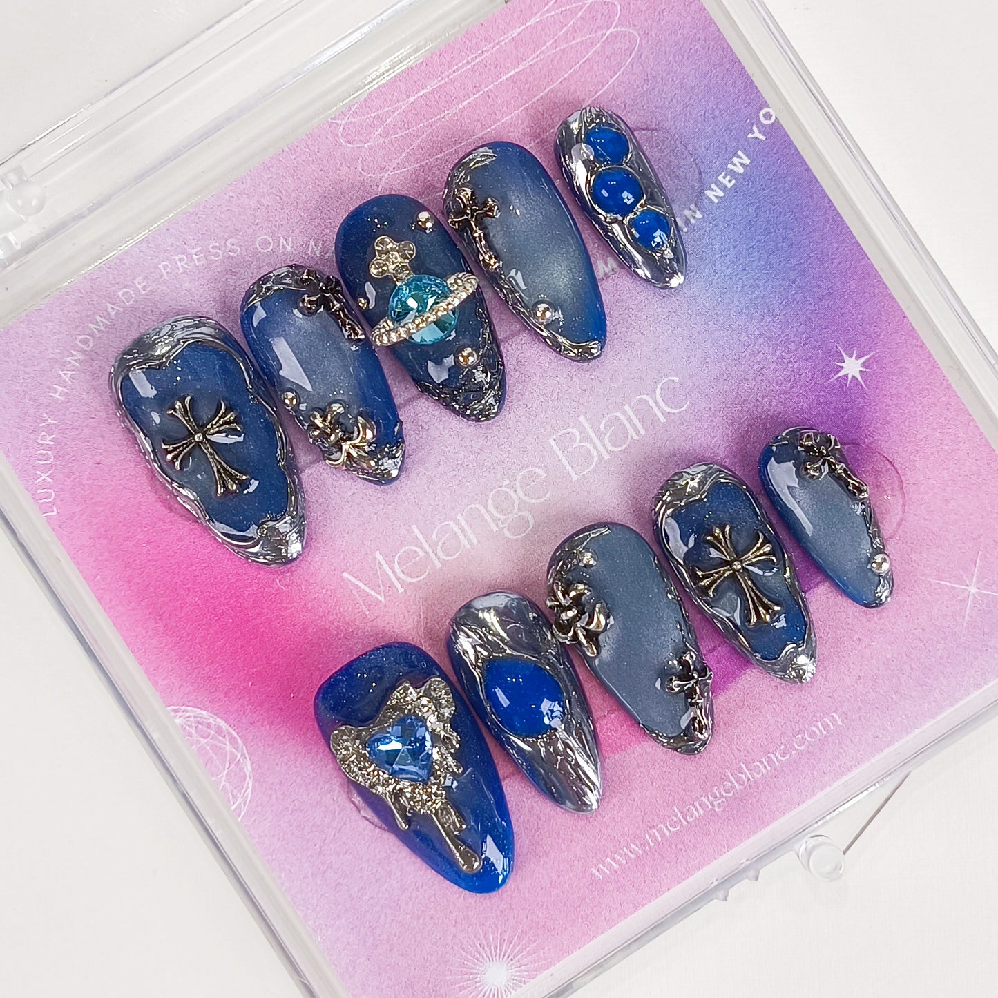 Blue Cat Eye with Silver Chrome Gothic Almond Press On Nails