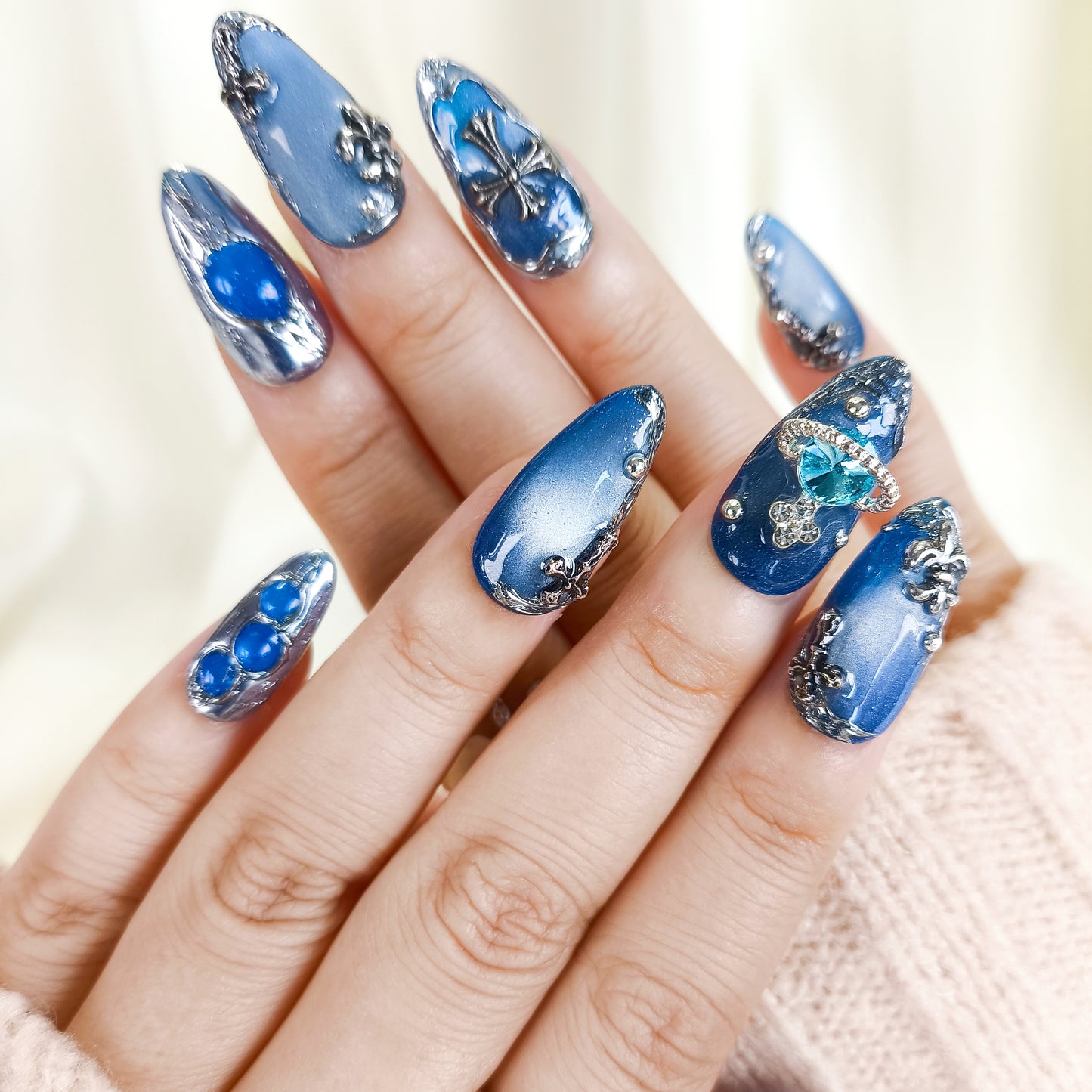 Blue Cat Eye with Silver Chrome Gothic Almond Press On Nails