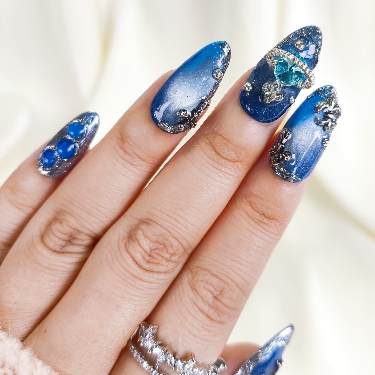 Blue Cat Eye with Silver Chrome Gothic Almond Press On Nails