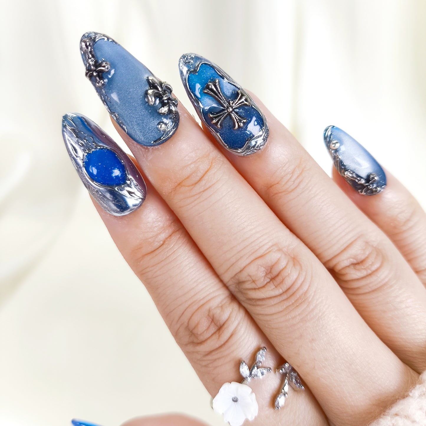 Blue Cat Eye with Silver Chrome Gothic Almond Press On Nails