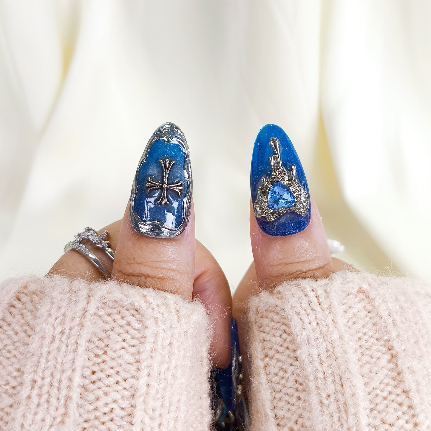Blue Cat Eye with Silver Chrome Gothic Almond Press On Nails