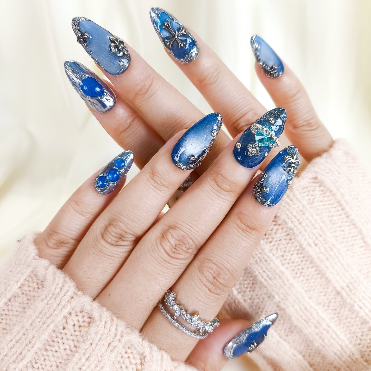 Blue Cat Eye with Silver Chrome Gothic Almond Press On Nails