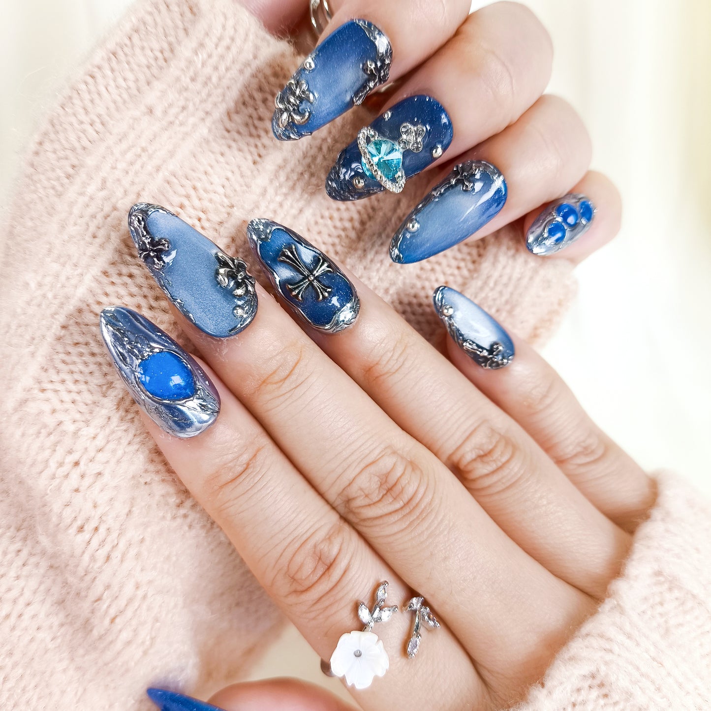 Blue Cat Eye with Silver Chrome Gothic Almond Press On Nails