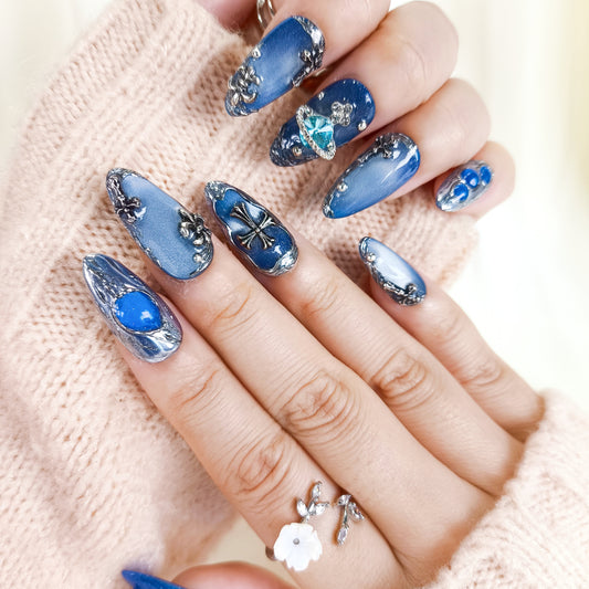 Blue Cat Eye with Silver Chrome Gothic Almond Press On Nails