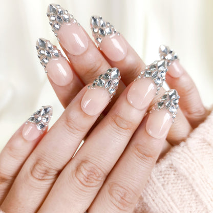 Nude Rhinestone Press On Nails Crystal Glam Nail Set