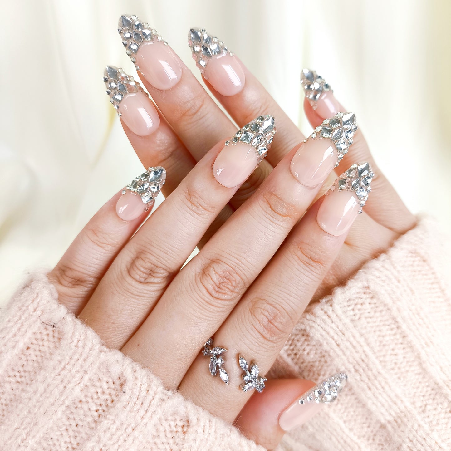 Nude Rhinestone Press On Nails Crystal Glam Nail Set