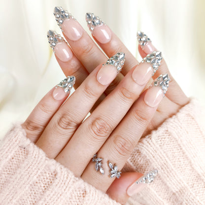 Nude Rhinestone Press On Nails Crystal Glam Nail Set