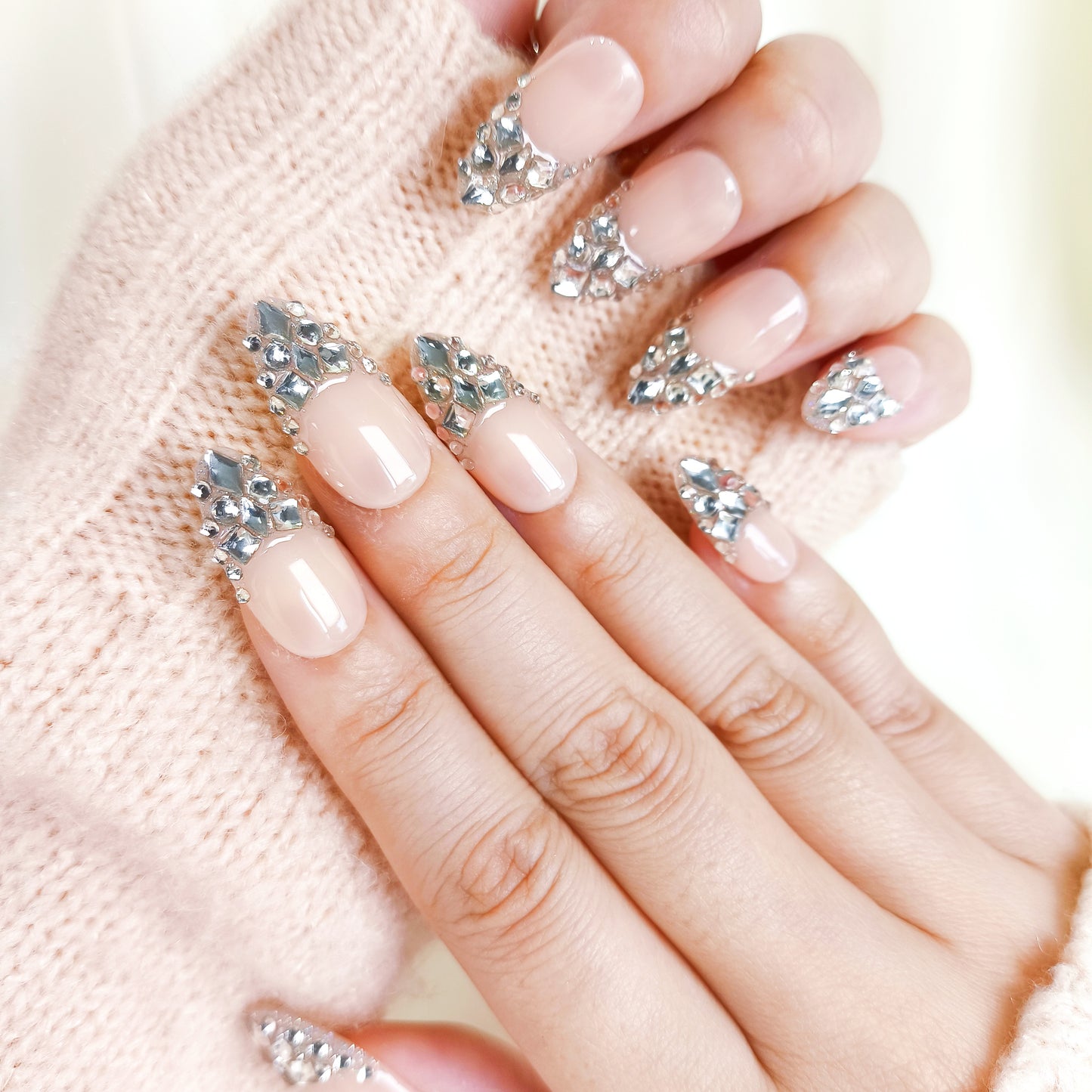 Nude Rhinestone Press On Nails Crystal Glam Nail Set