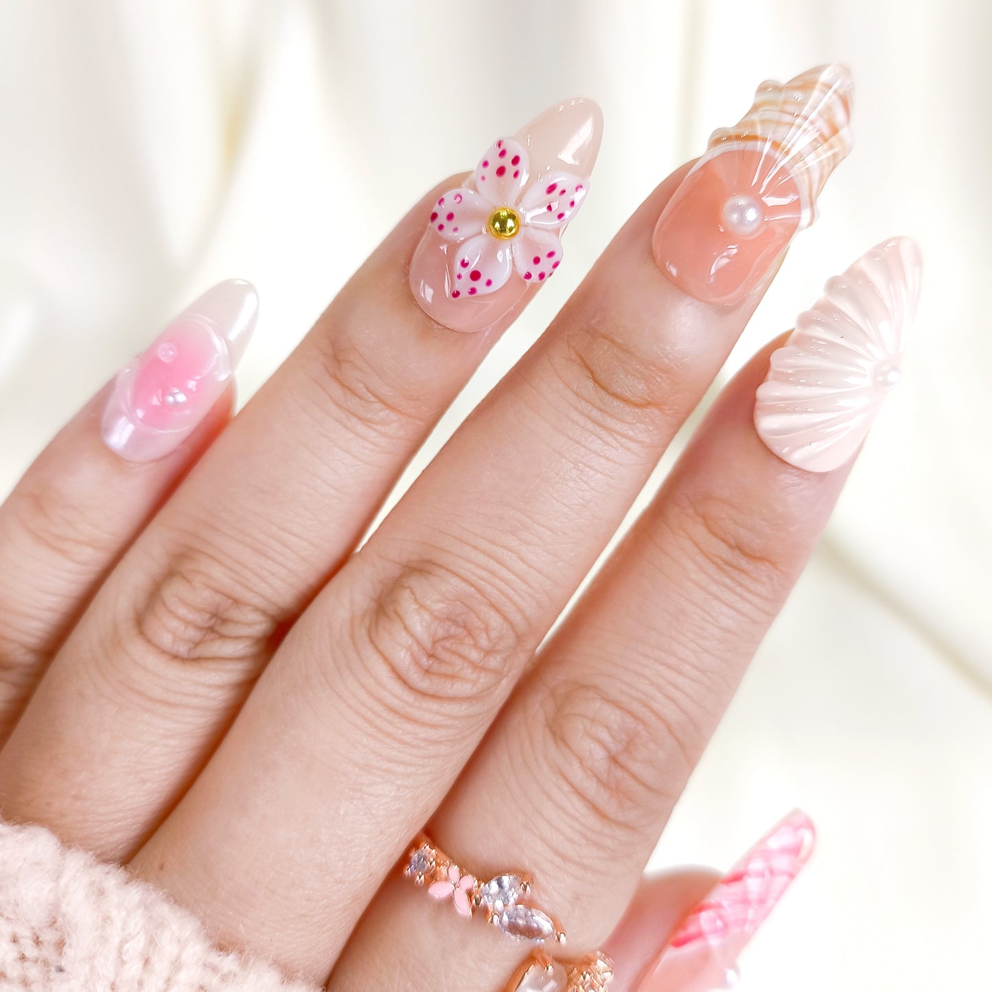 Cute Pink 3D Flower Seashell Press On Nails Summer Set