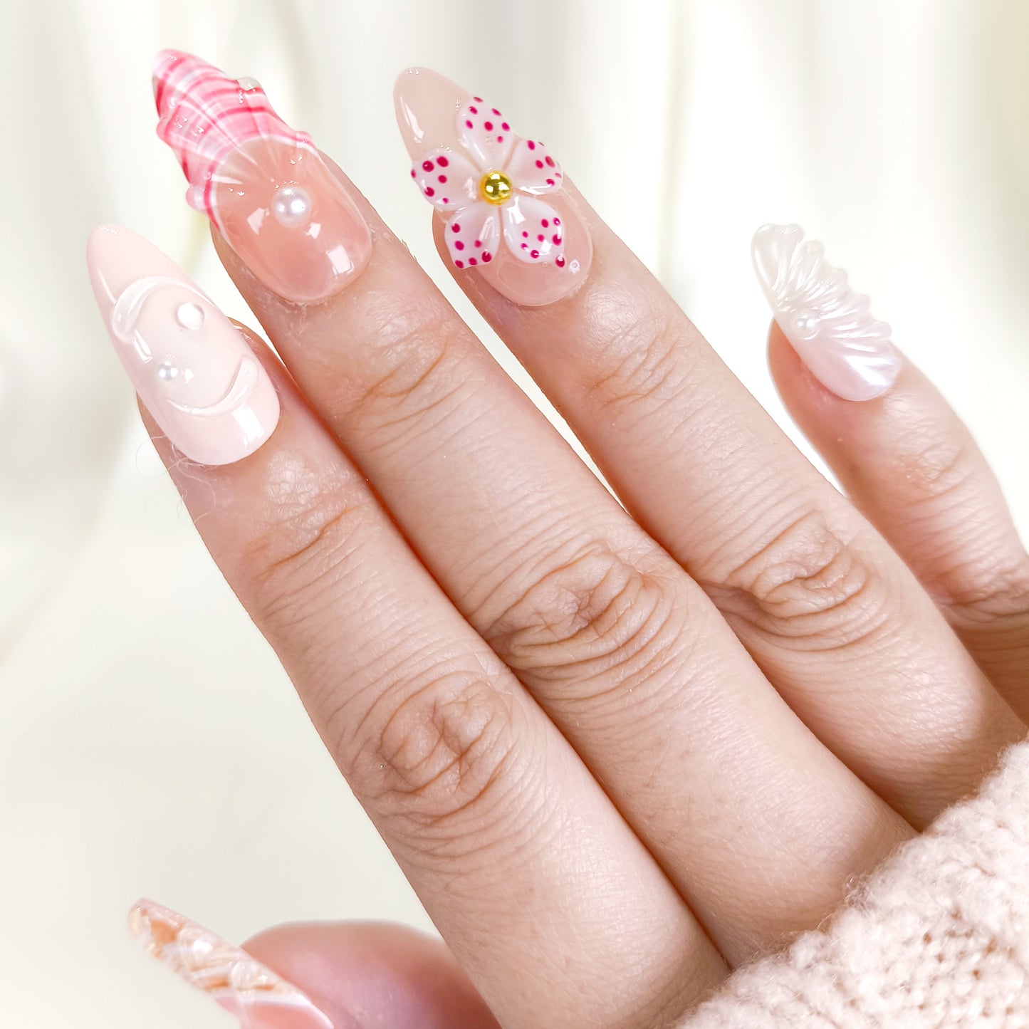 Cute Pink 3D Flower Seashell Press On Nails Summer Set