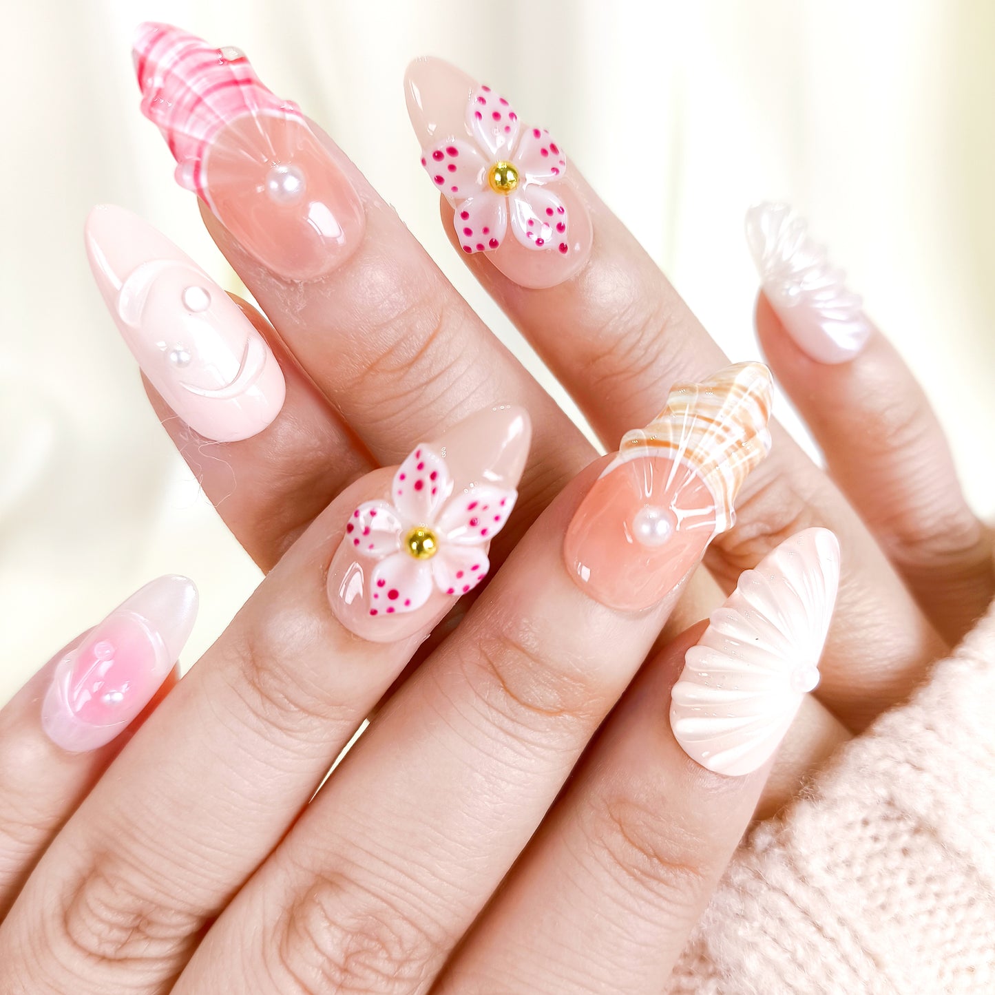 Cute Pink 3D Flower Seashell Press On Nails Summer Set