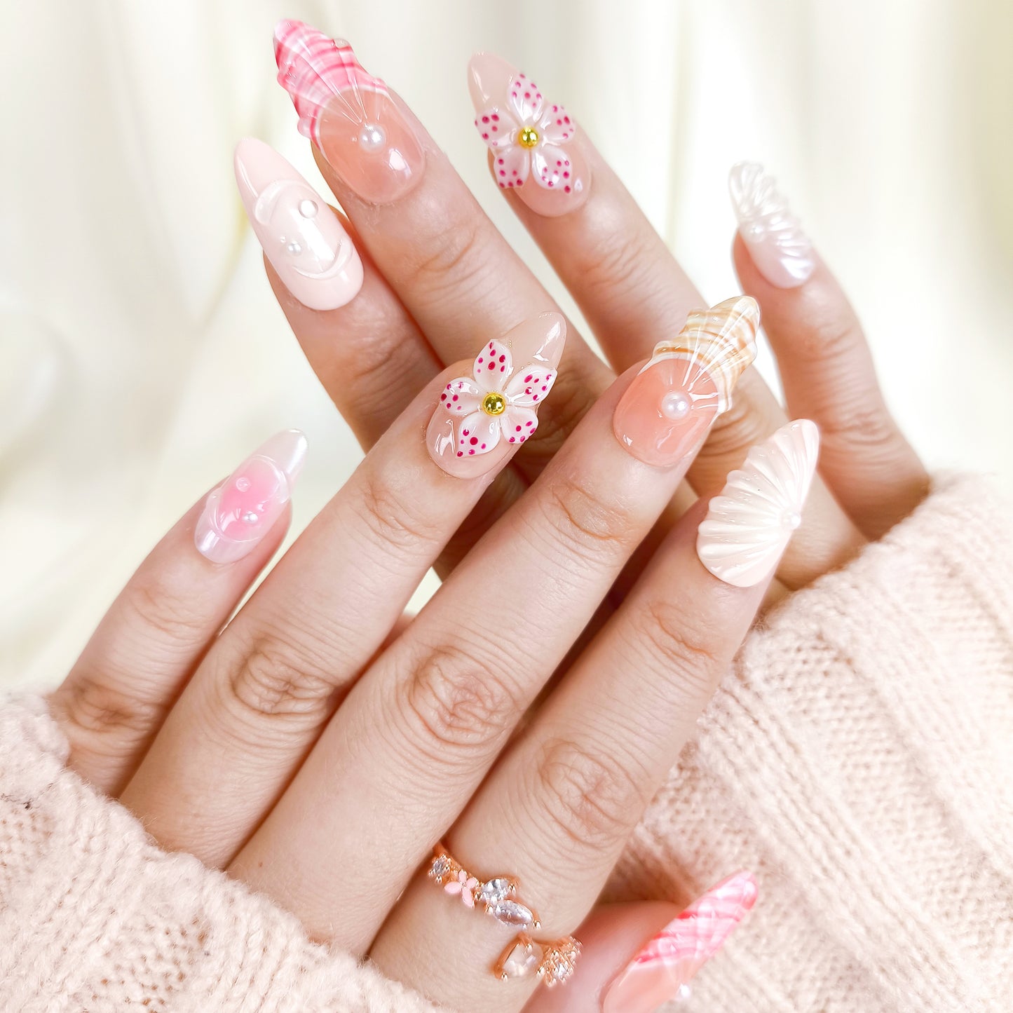 Cute Pink 3D Flower Seashell Press On Nails Summer Set