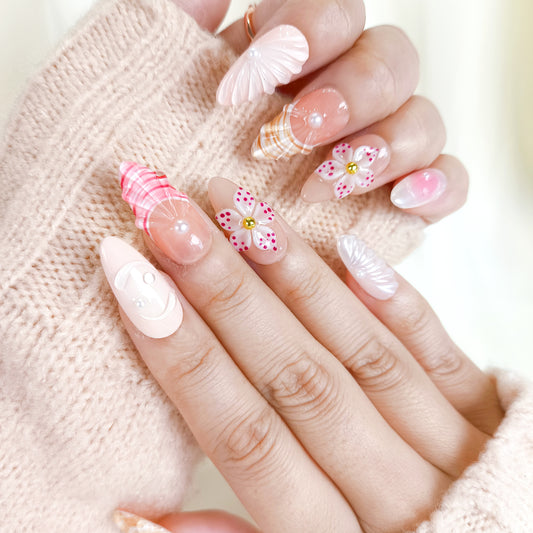 Cute Pink 3D Flower Seashell Press On Nails Summer Set