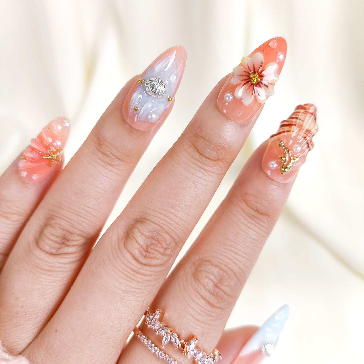 3D Flower Seashell Press On Nails with Blue French Tips