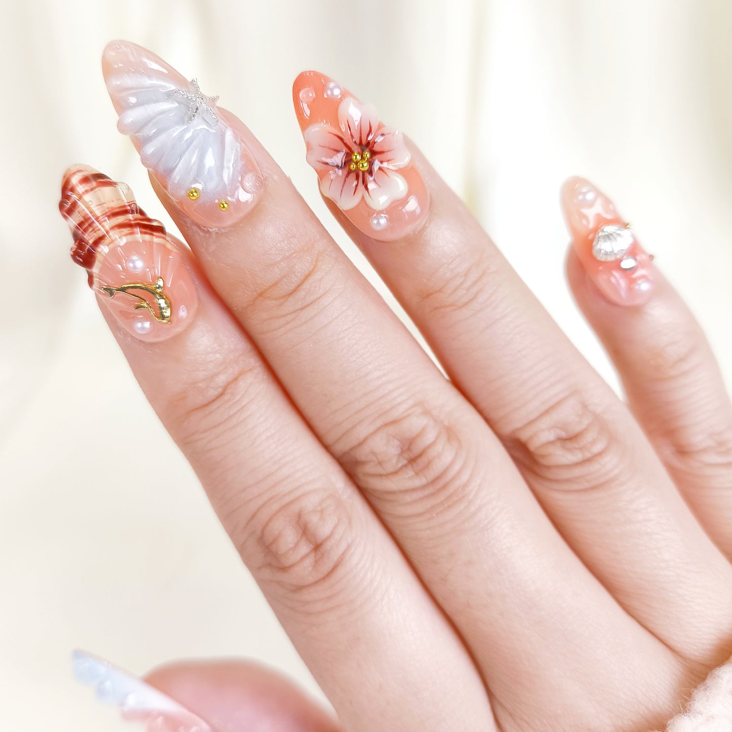 3D Flower Seashell Press On Nails with Blue French Tips