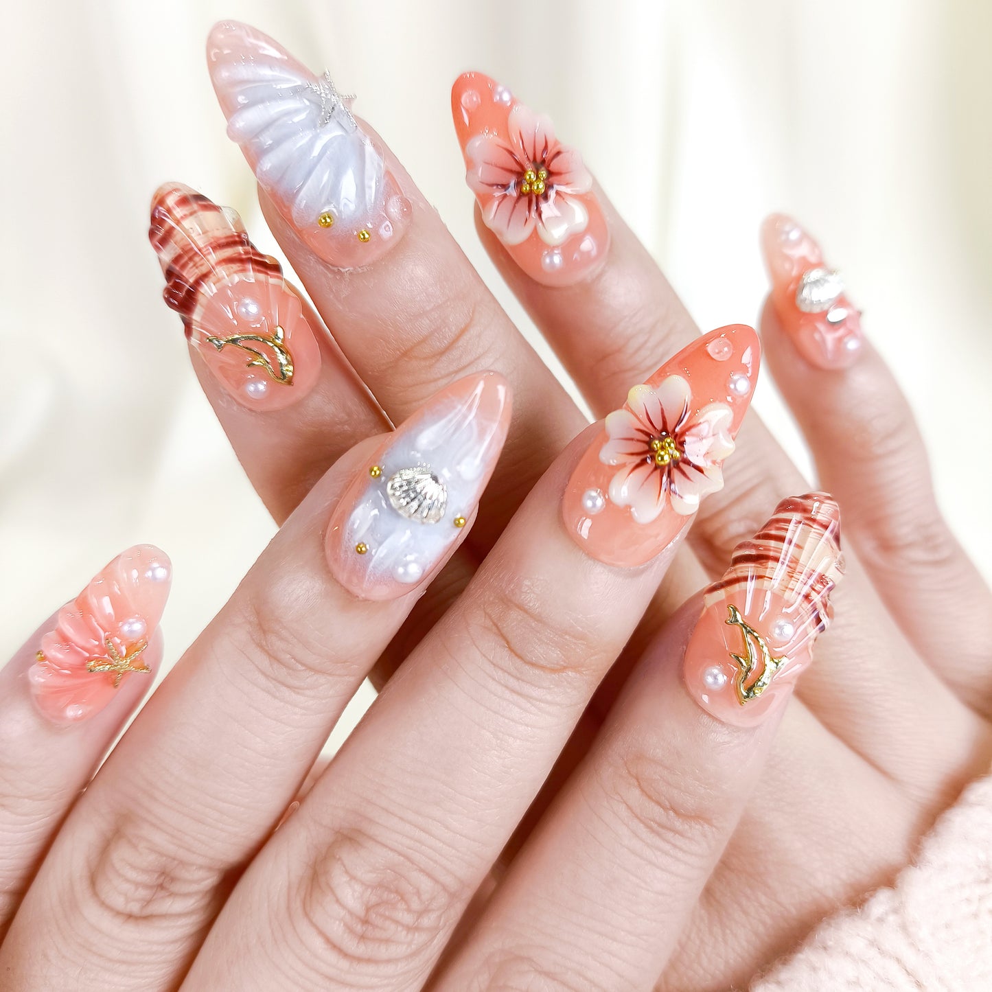 3D Flower Seashell Press On Nails with Blue French Tips