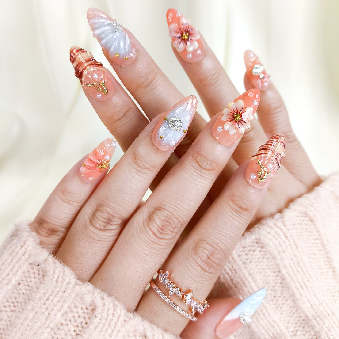 3D Flower Seashell Press On Nails with Blue French Tips