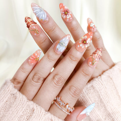 3D Flower Seashell Press On Nails with Blue French Tips
