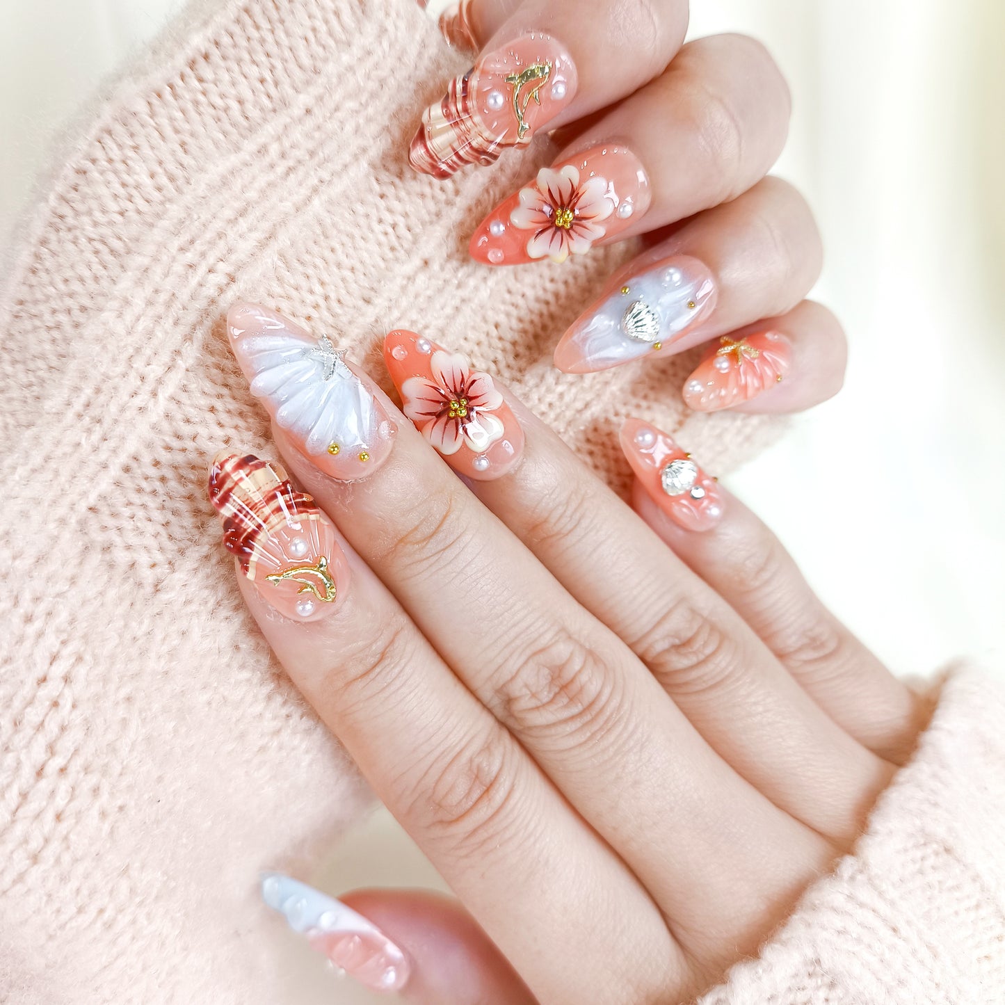 3D Flower Seashell Press On Nails with Blue French Tips