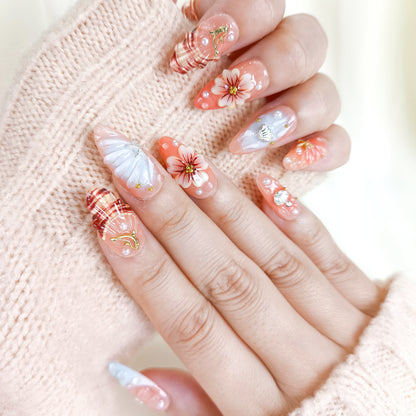 3D Flower Seashell Press On Nails with Blue French Tips
