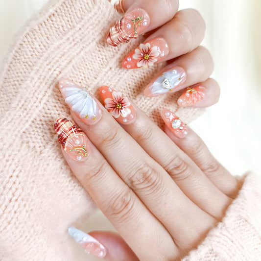 3D Flower Seashell Press On Nails with Blue French Tips
