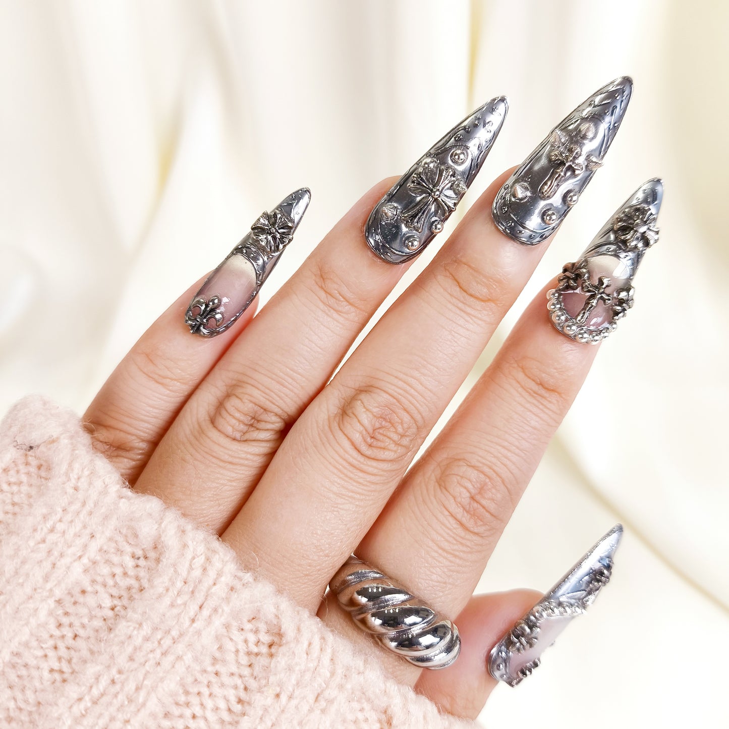 3D Silver Chrome Gothic Stiletto Press On Nails