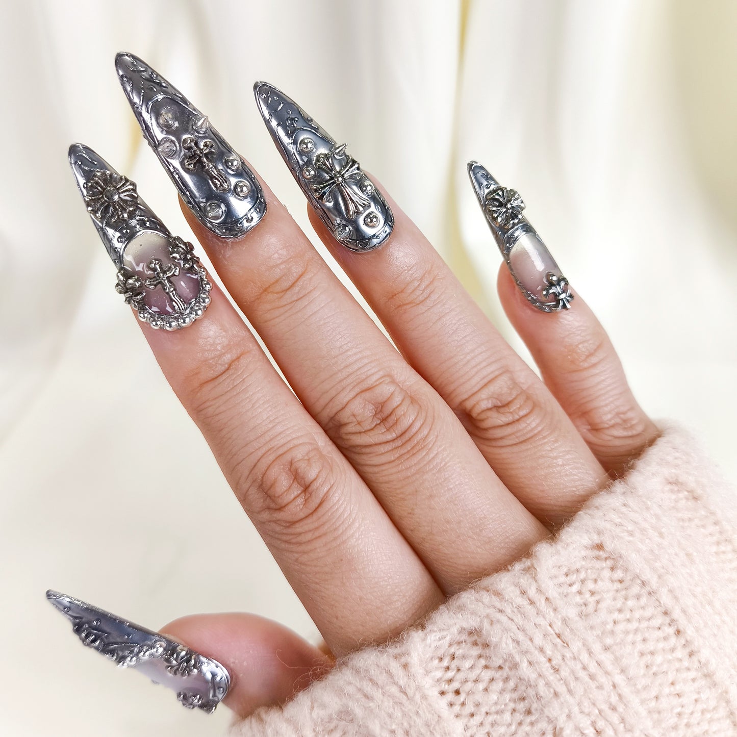 3D Silver Chrome Gothic Stiletto Press On Nails