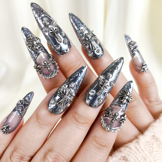 3D Silver Chrome Gothic Stiletto Press On Nails