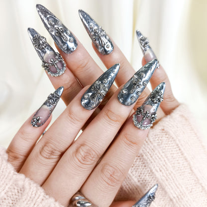 3D Silver Chrome Gothic Stiletto Press On Nails