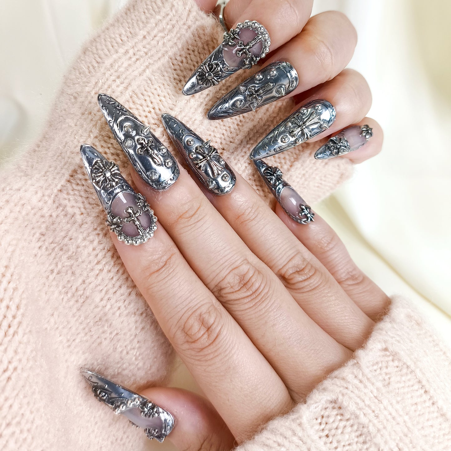 3D Silver Chrome Gothic Stiletto Press On Nails
