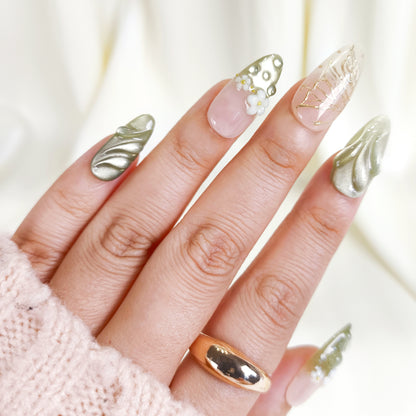 Green Cat Eye Press On Nails with 3D Flower and Butterfly Design