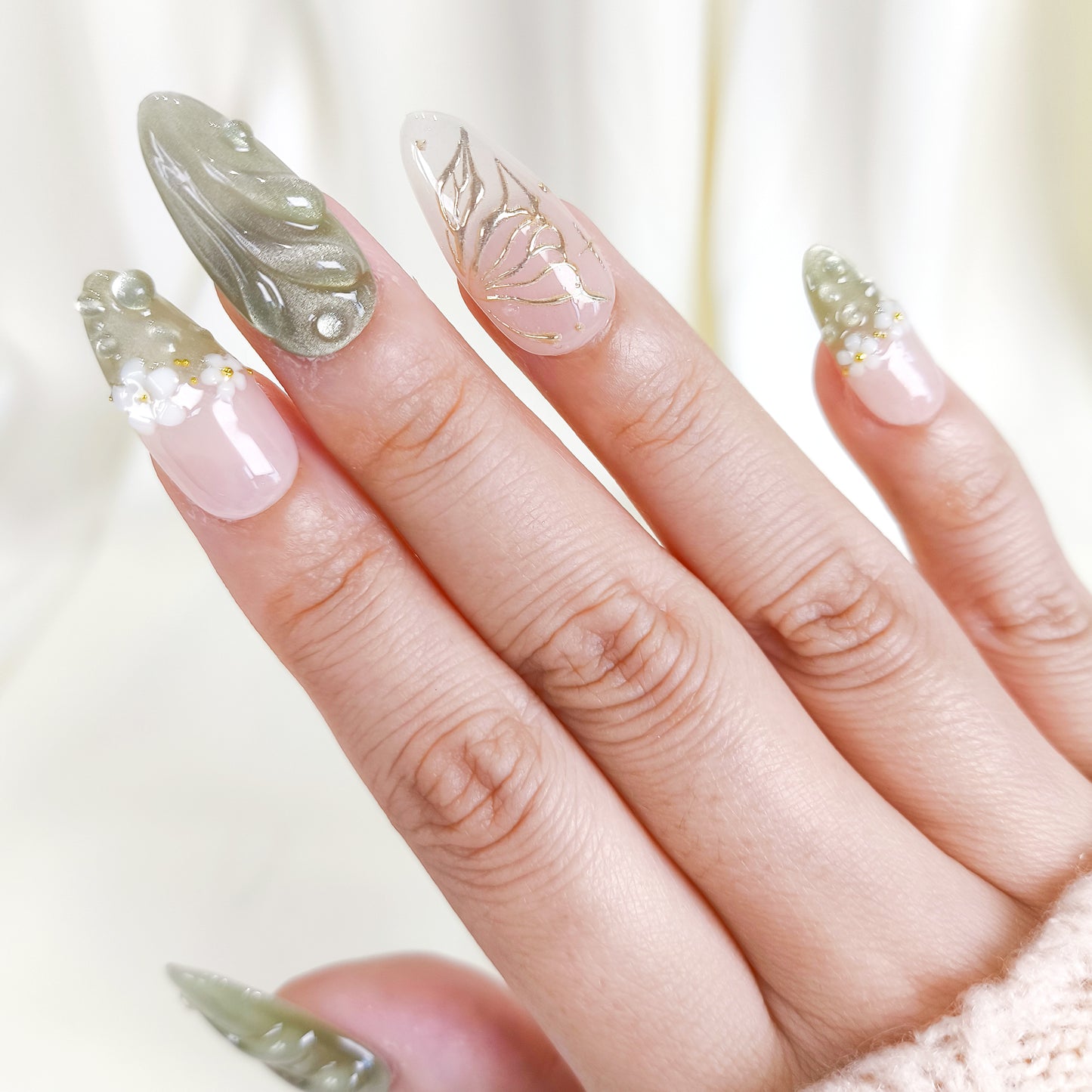 Green Cat Eye Press On Nails with 3D Flower and Butterfly Design