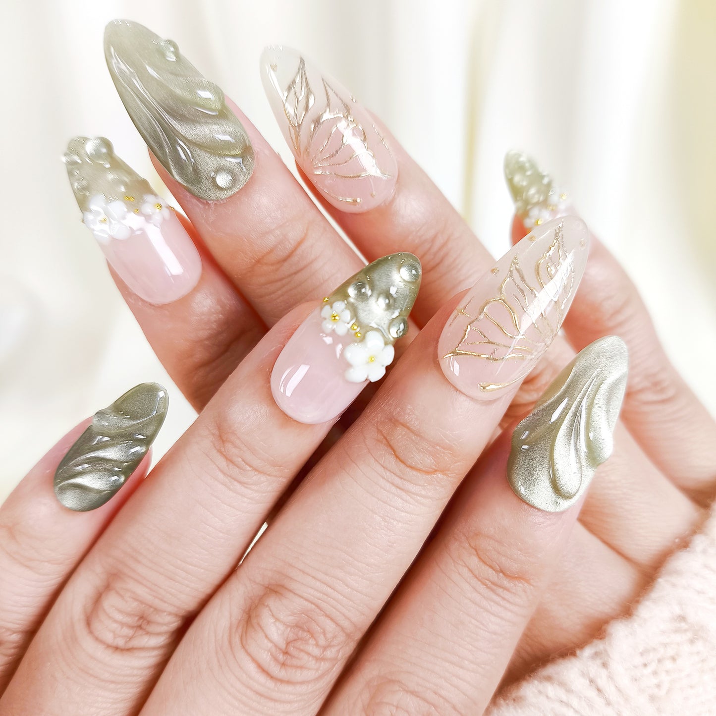 Green Cat Eye Press On Nails with 3D Flower and Butterfly Design