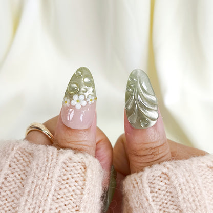 Green Cat Eye Press On Nails with 3D Flower and Butterfly Design