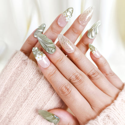 Green Cat Eye Press On Nails with 3D Flower and Butterfly Design